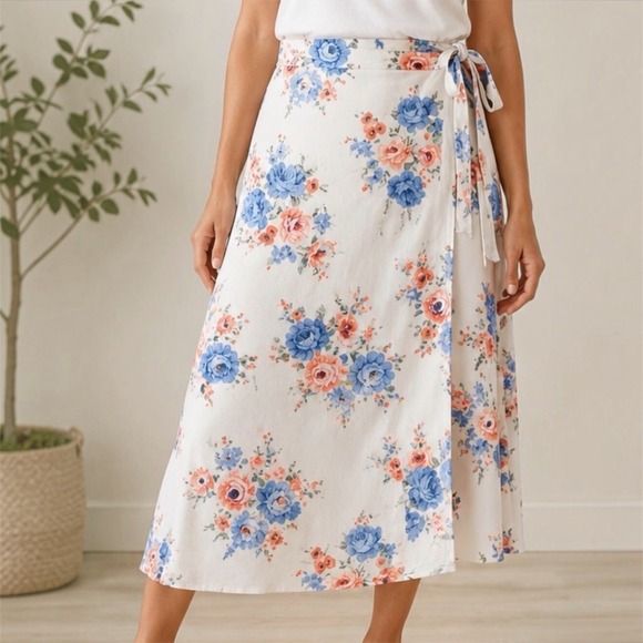 LOFT Dresses & Skirts - Floral Wrap Linen Midi Skirt Size 14 NWT Cottage Country Grandmillennial